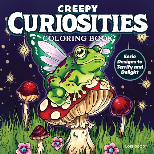 Coloring book cover with a whimsical, winged frog on a mushroom.