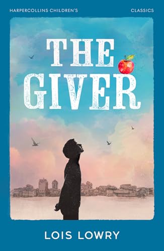 Book cover for "The Giver" featuring a boy, apple, and cloudy sky.