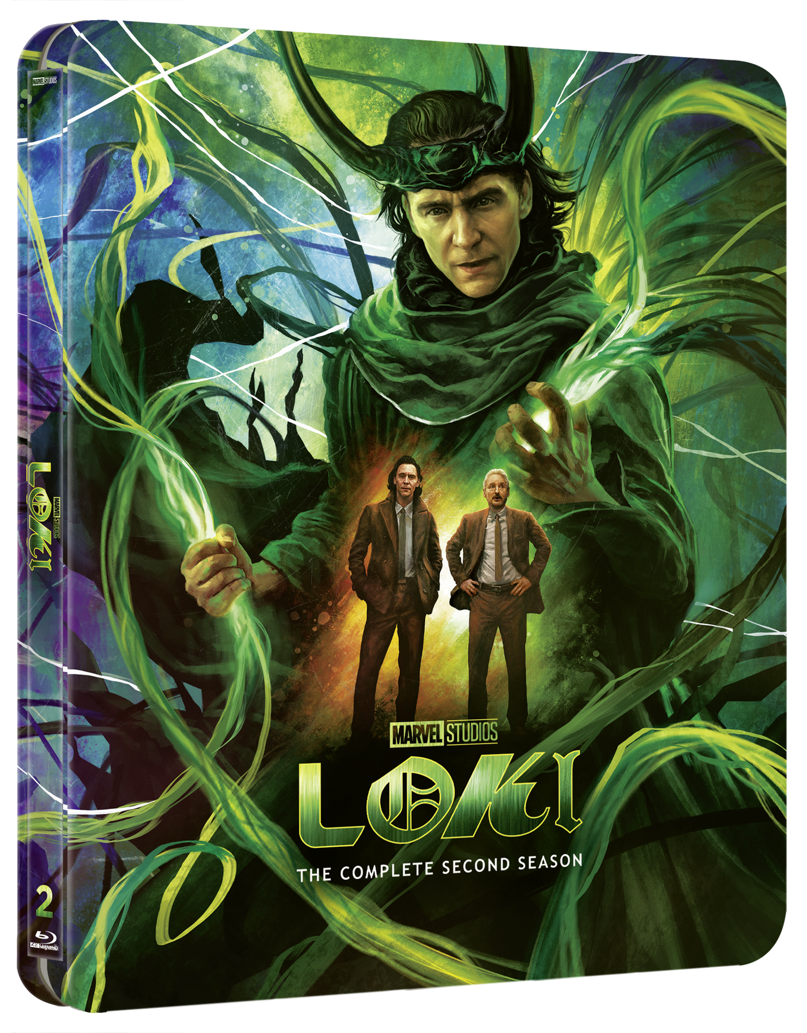 Loki Season 2 Steelbook Blu-ray cover featuring Loki and Mobius in green energy.