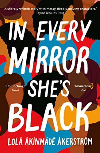 Book cover: “In Every Mirror She’s Black” with diverse faces and bold text.