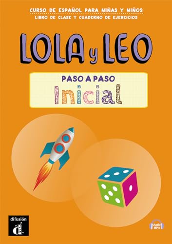 Textbook cover with “Lola y Leo” title, rocket, and die illustration.