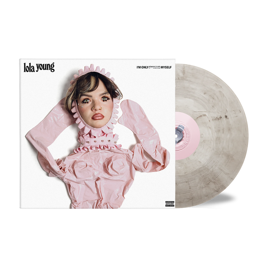 Lola Young album cover and vinyl record, pale swirl pattern.