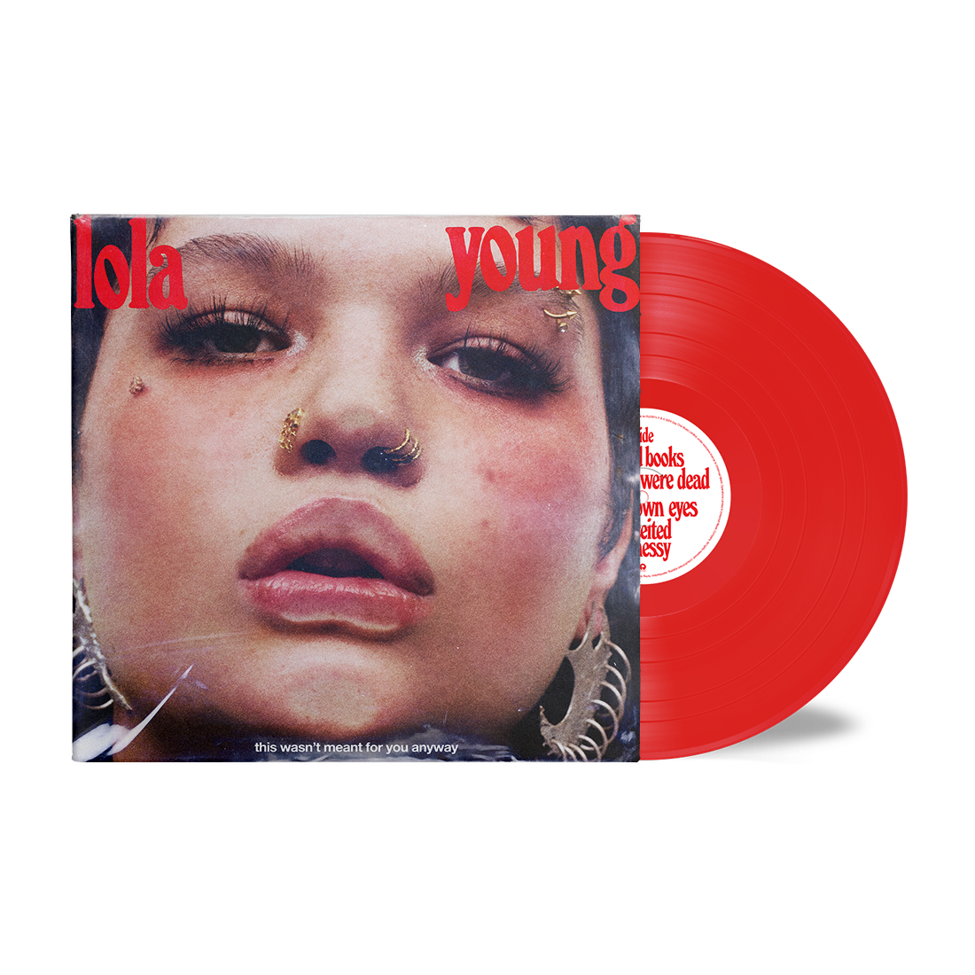 Close-up portrait of Lola Young with facial piercings and large earrings on vinyl cover.