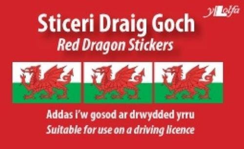 Three Welsh red dragon stickers on a white and red background.