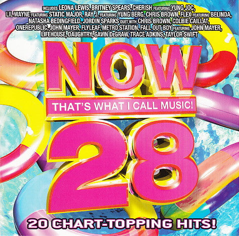 CD cover for “Now 28” music compilation with pink and blue design.
