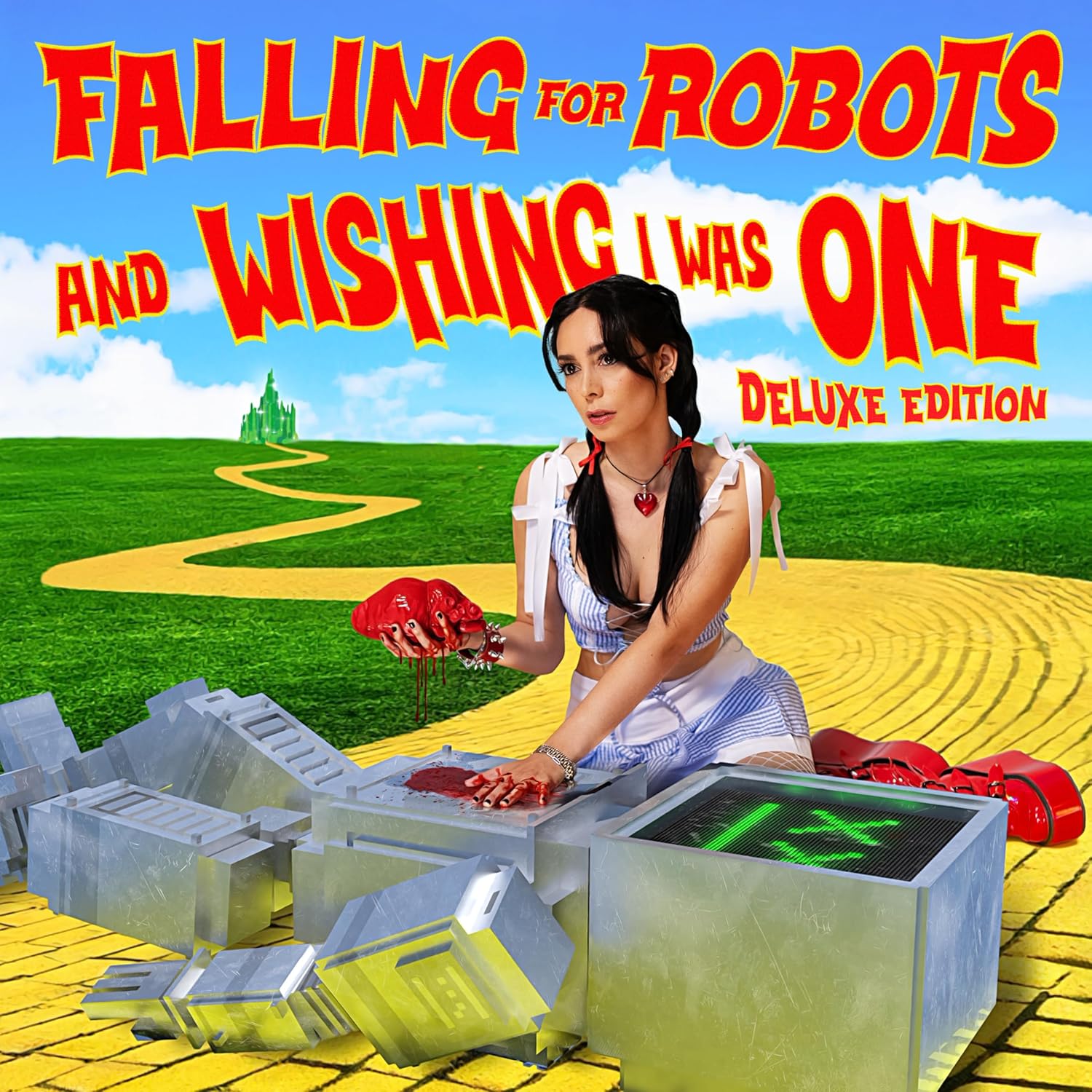 Album cover: woman in a field with broken robot parts.