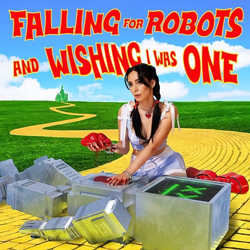 Album cover: woman with robots in a yellow brick road landscape.