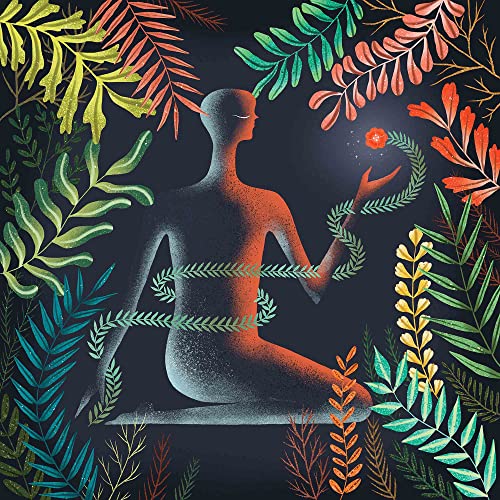 Silhouetted figure meditating amidst colorful, stylized tropical foliage.