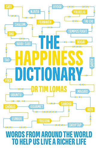 Book cover with the title “The Happiness Dictionary” and foreign words.