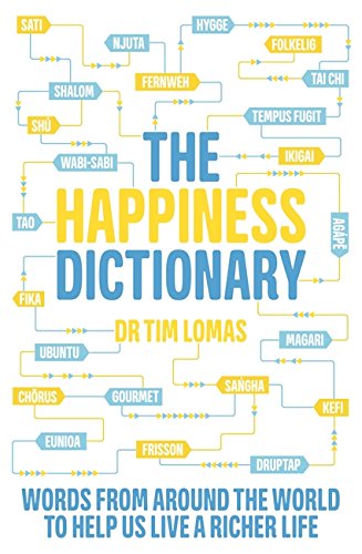Book cover: "The Happiness Dictionary" with foreign words branching out.
