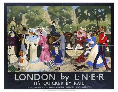 Vintage travel poster depicting people in a London park, early 20th century.