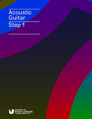 Book cover: "Acoustic Guitar Step 1" with colorful abstract waves.