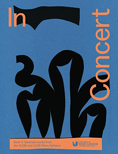 Blue and black cover of "In Concert Book 2" piano music book.