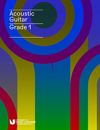 London College of Music Acoustic Guitar Grade 1 handbook cover, colorful abstract design.