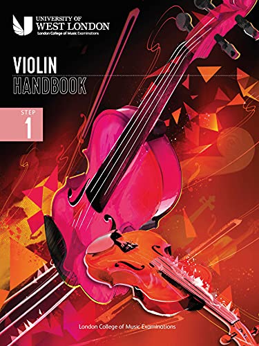 Violin handbook cover, pink and red abstract design, "Step 1" visible.