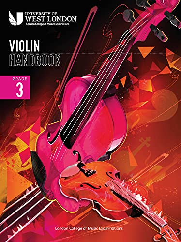 Cover of London College of Music Violin Handbook Grade 3 with stylized pink violins.