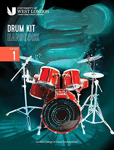 Cover of London College of Music Drum Kit Handbook Grade 1 with red drums.