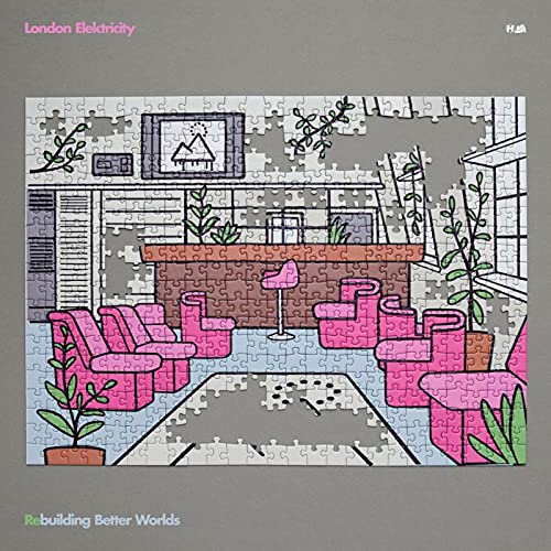 Puzzle-style album cover depicting a pink and grey living room interior.