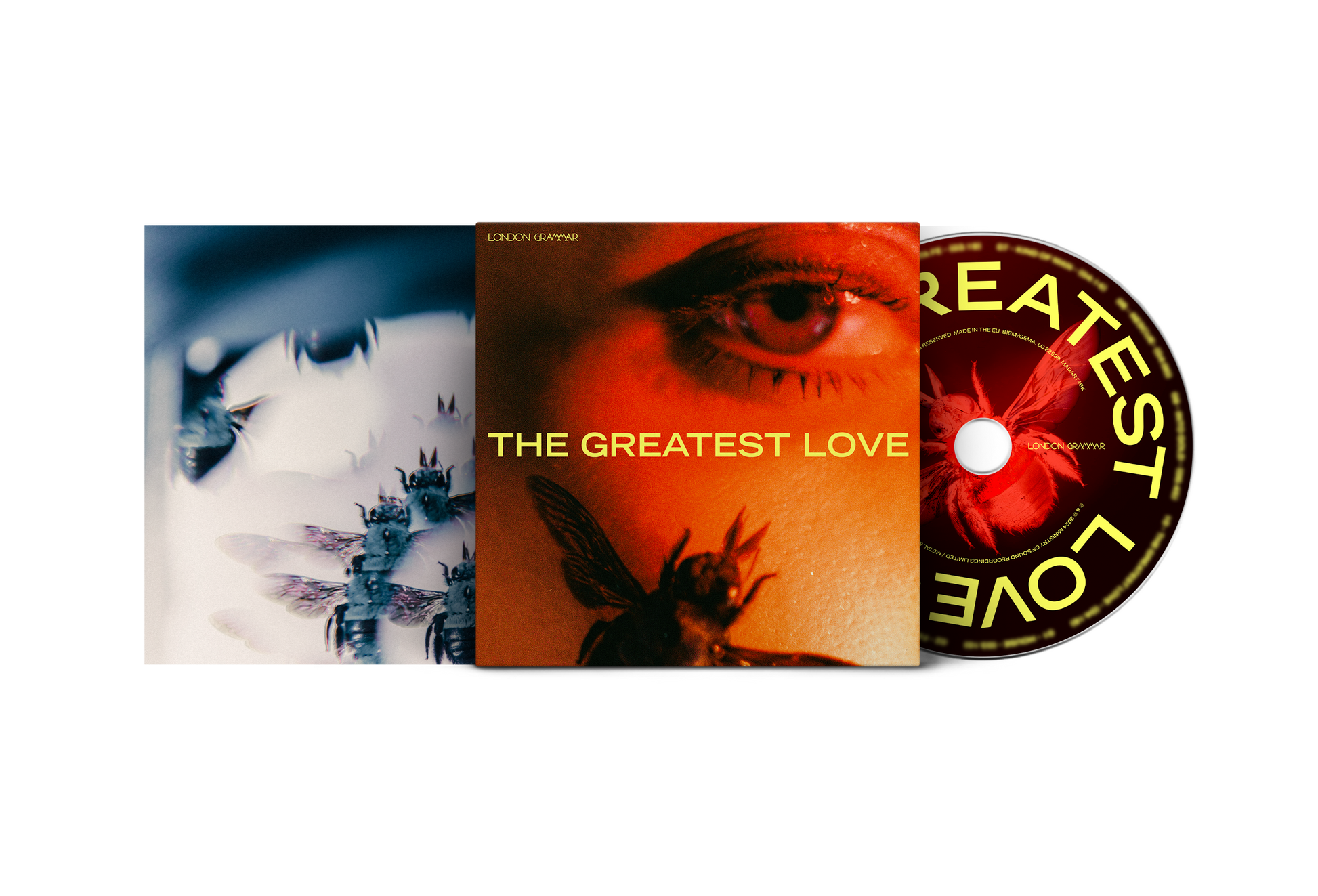 London Grammar album "The Greatest Love" CD case and disc with eye and insects.