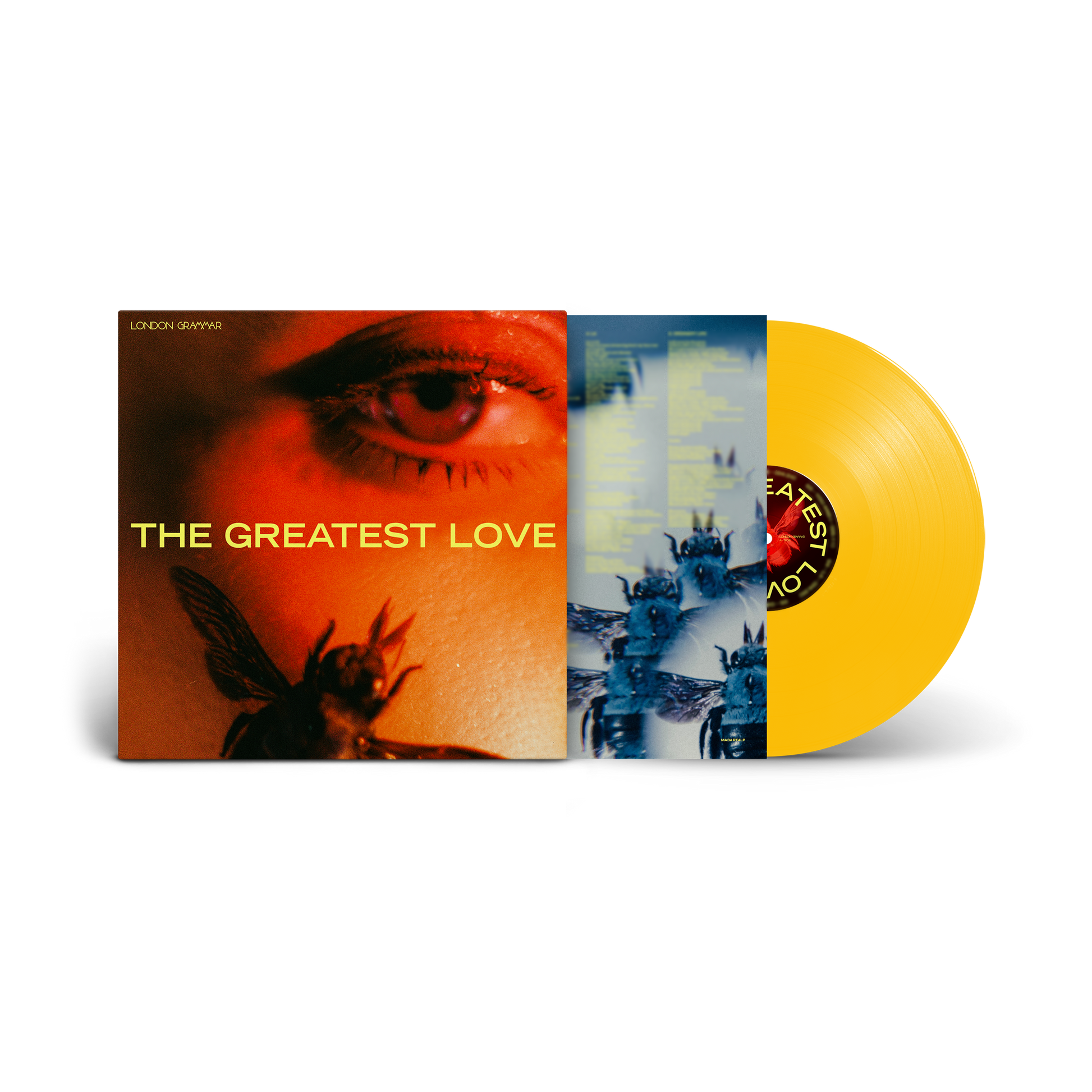 London Grammar vinyl record featuring an eye and bee artwork with a yellow disc.