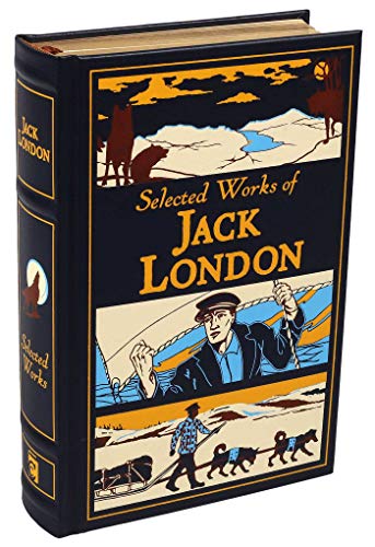 Black leather-bound book with gold lettering and illustrations of a man and sled dogs.