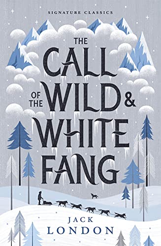 Book cover with stylized mountains, pine trees, and a sled dog team.