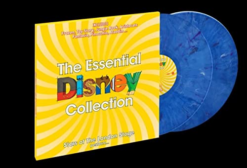 Yellow Disney vinyl record collection with blue and purple swirl discs.