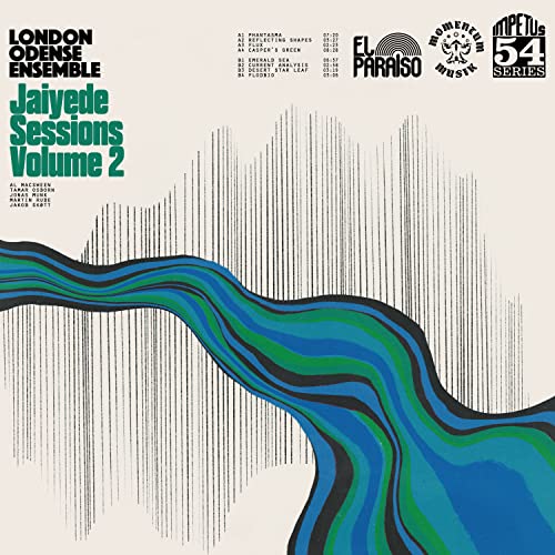 CD cover for London Odense Ensemble’s “Jaiyede Sessions vol. 2” with abstract blue design.