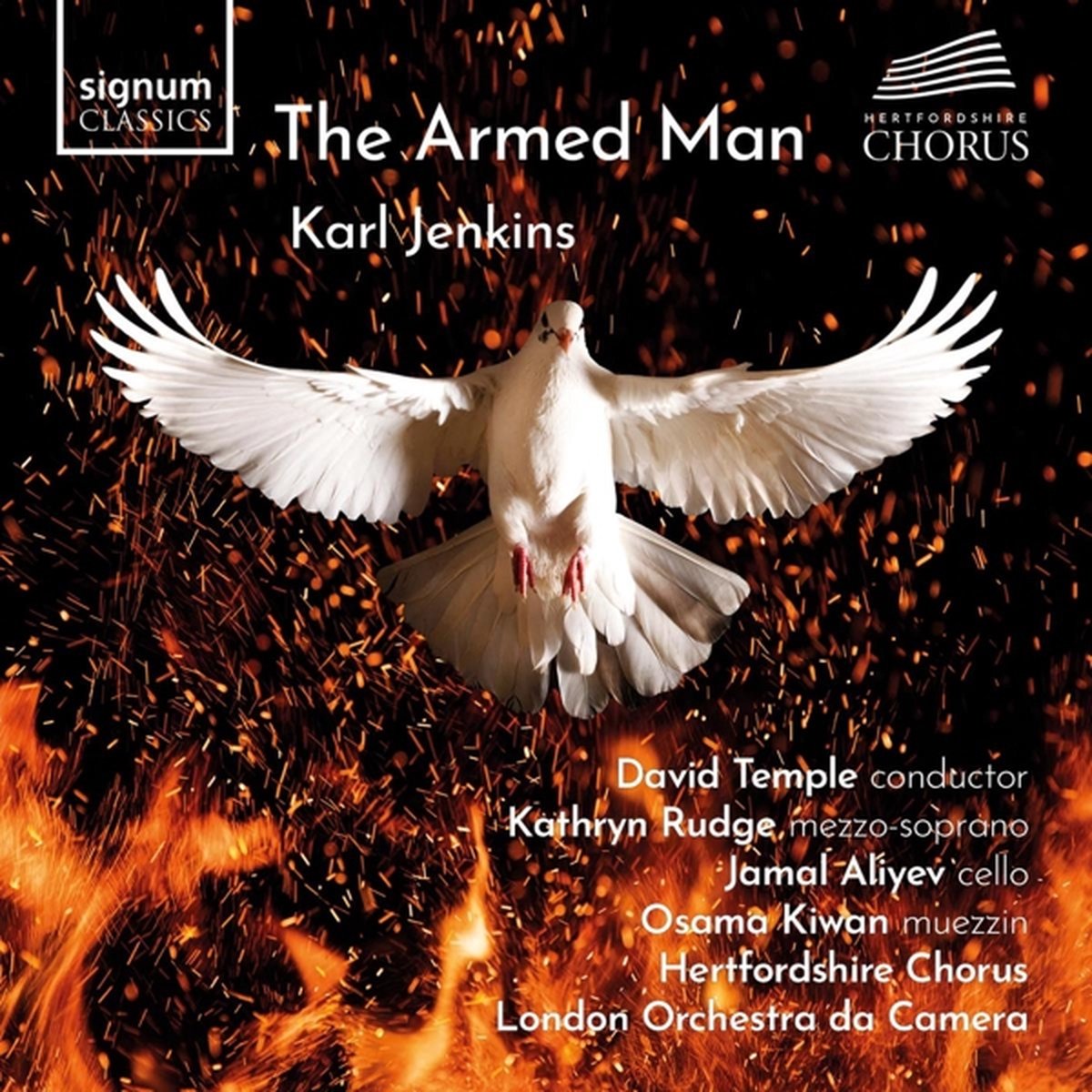 CD cover: white dove against a fiery, dark background with text.