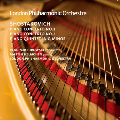 CD cover for Shostakovich piano concertos with piano strings detail.