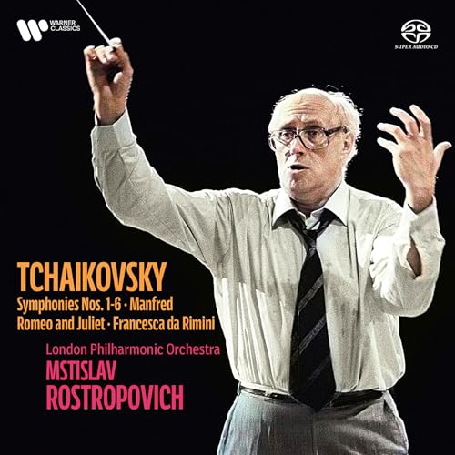 CD cover featuring conductor Mstislav Rostropovich with text “Tchaikovsky”.