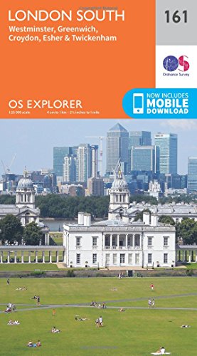 Ordnance Survey Explorer Map 161 of London South, with city skyline.