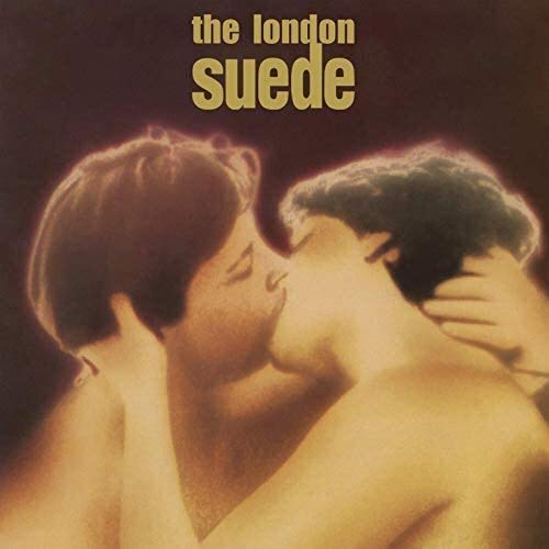 "Album cover of 'London Suede' showing two men kissing, with band name in yellow."