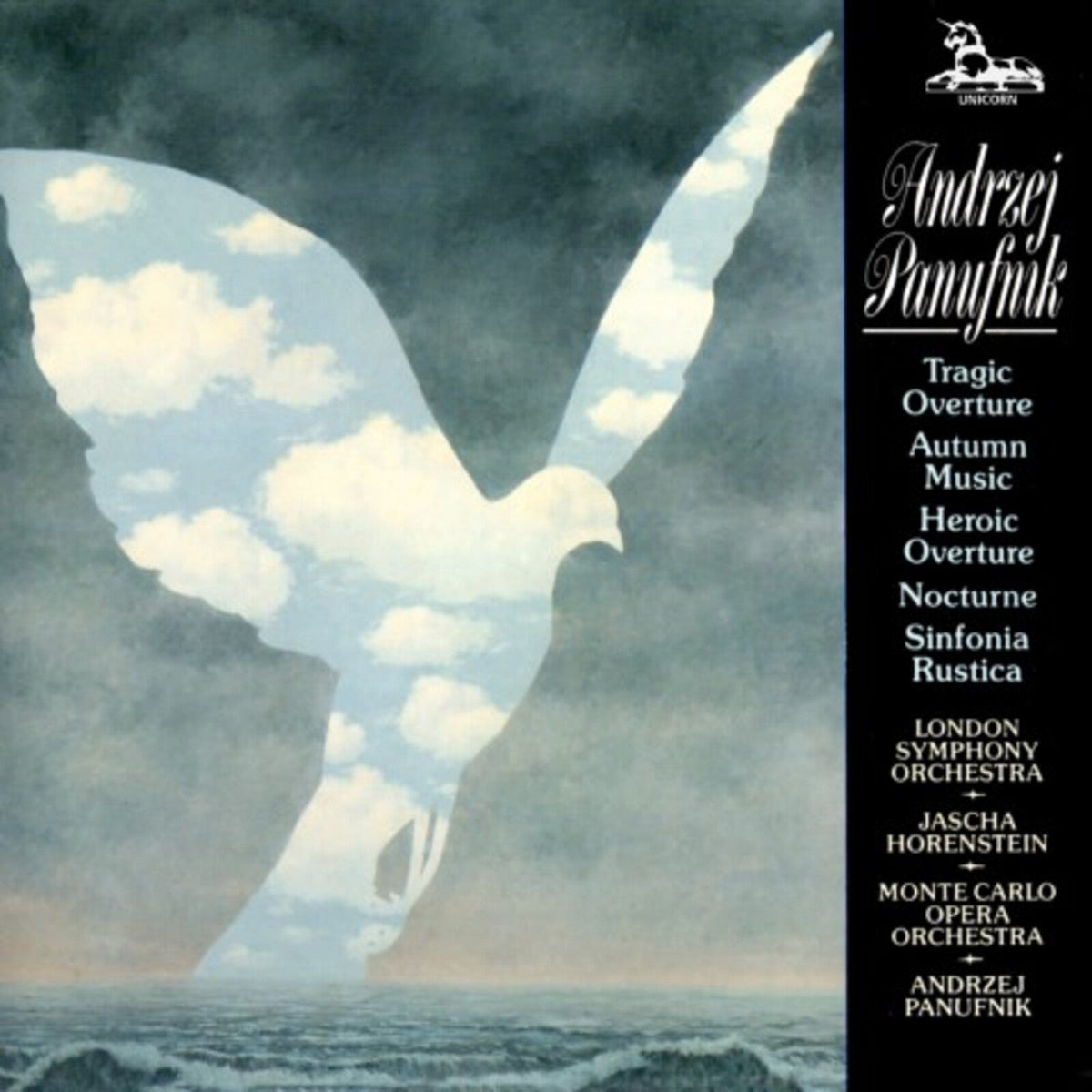 CD cover: blue sky with a white bird, text listing orchestral works.
