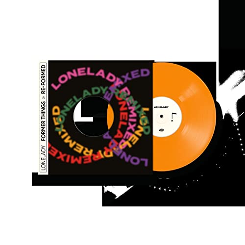 Orange vinyl record and black cover with colorful circular text for Lonelady.