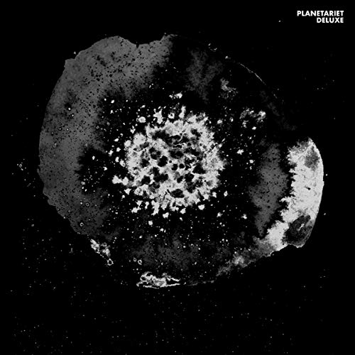 Black and white album cover with a textured, crater-like central image.