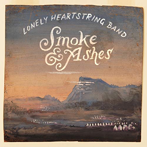 "Album cover art featuring a landscape with mountains and tents at dusk."