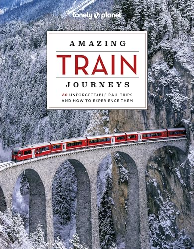 Book cover featuring a red train on a mountain railway bridge.