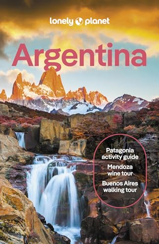 Lonely Planet Argentina travel guide cover showing a waterfall with snow-capped mountains in background.