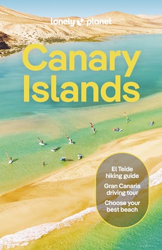 Lonely Planet Canary Islands travel guide cover featuring turquoise water, sandy beaches, and windsurfers.