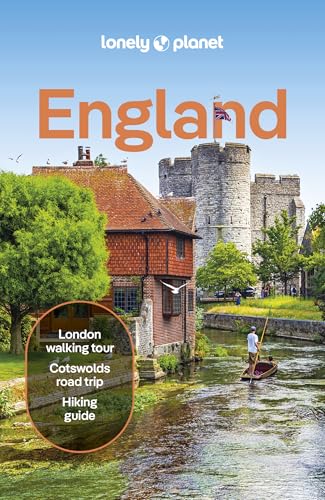 Lonely Planet England guidebook cover showing a stone castle, historic house, and a punter.