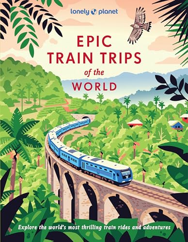 Illustrated book cover showing a blue train crossing a stone bridge in tropical landscape.