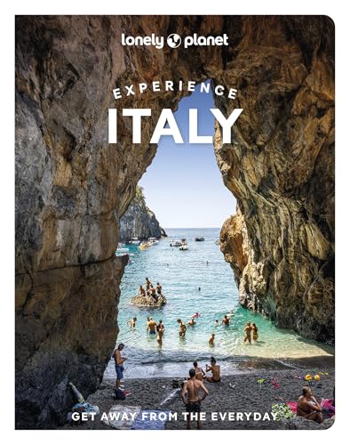 Lonely Planet Experience Italy book cover featuring a rocky sea cave opening to beachgoers.