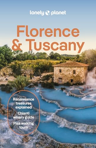 Lonely Planet Florence & Tuscany guidebook cover featuring thermal pools and a stone building.