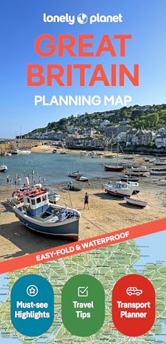 Lonely Planet Great Britain planning map featuring a coastal harbor scene.