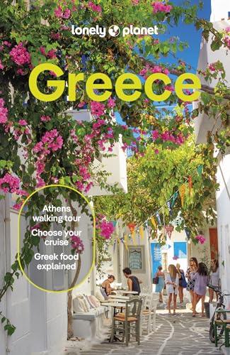 Lonely Planet Greece travel guide cover featuring a sunlit street with pink bougainvillea flowers.