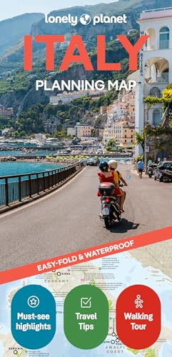 Italy planning map cover with a scenic coastal road and motorcyclists.