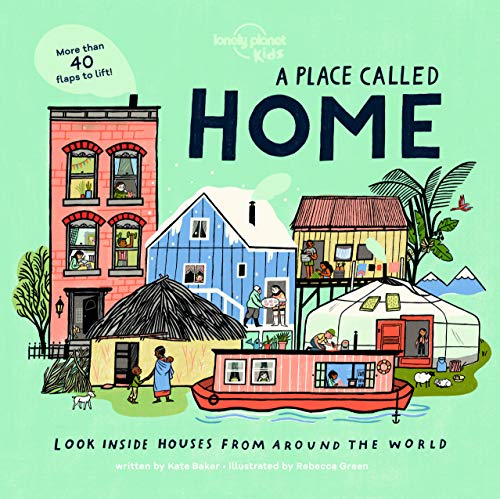 Book cover illustration showing various global house styles including a houseboat, yurt, and apartment.