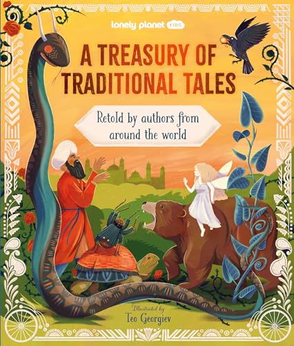 Book cover with illustrated fairytale scene: dragon, bear, and people.