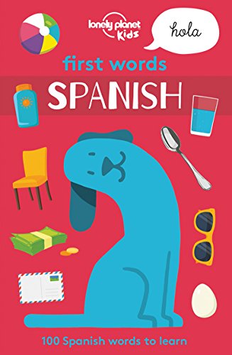 Colorful children’s book cover, “First Words Spanish”, with illustrated objects.